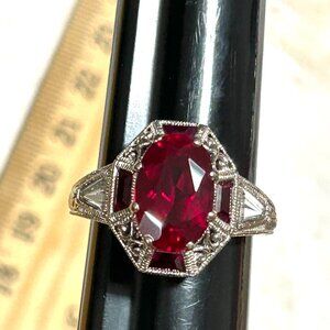 Modern Art Deco Inspired Sterling Silver Lab Created Red Ruby Stone Ring CZ 925